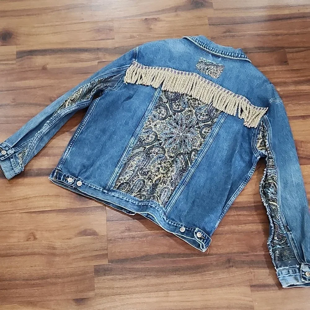 Vintage Upcycled Fringe Boho Western Denim Jacket - Picture 2 of 8
